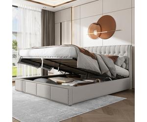Matteo Super King Size Ottoman Bed Frame - Light Grey Fabric With Lift-Up Hydraulic Storage & Rivet Detail