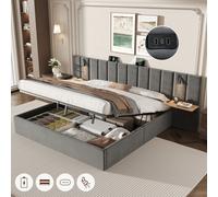 Matteo Super King Velvet Ottoman Bed Frame With Charging Station, Reading Light & Adjustable Shelf, Grey
