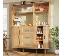 Matteo Tall Rattan & Glass Sideboard Cabinet With Sliding Doors, 174.5Cm, Natural Wood/walnut Effect