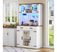 Matteo Tall White & Brown Barn Door Sideboard Cabinet With Led Lighting & Charging Station, 2 Drawers, Adjustable Shelves