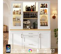 Matteo Tall White Kitchen Pantry Cabinet With Smart App-Controlled Led Lights, Glass Doors, 3 Drawers & Wooden Worktop - 185Cm