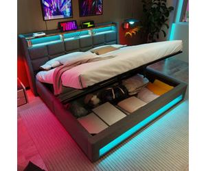 Matteo Titbit Super King Grey Upholstered Ottoman Bed Frame With Led, Usb-C & Smart Storage Headboard