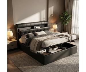 Matteo Uk Double (135X190Cm) Black Faux Leather Ottoman Bed Frame With Headboard Storage