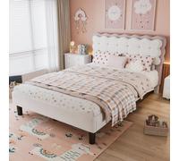 Matteo Upholstered 4Ft6 Double Bed For Children, Biscuit Velvet Headboard - Beige & Pink Kids' Bed With Sturdy Slats
