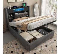Matteo Upholstered 4ft6 Double Bed Frame - Hydraulic Storage, LED & Charging in Grey Matteo Grey Double