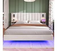 Matteo Upholstered Bed, Adults Teenagers King Bed 2 Bedside Lamps, Headboard Storage Function in White | Size: Double Matteo White Double