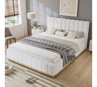 Matteo Upholstered Double Bed Frame - 4Ft 6, Beige Faux Leather With Sturdy Slats