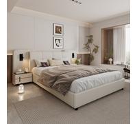 Matteo Upholstered Double Bed Frame 4Ft6 With Integrated Usb & Led Lights, Beige Faux Leather