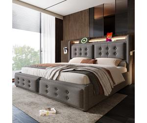 Matteo Upholstered Double Bed Frame, 4Ft6, With Led Headboard, Usb & Type-C Charging, Hydraulic Ottoman Storage, Grey Linen