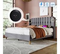 Matteo Upholstered Double Bed Frame With Usb & Type-C Charging Ports - Grey Linen Fabric, 4Ft6 (135X190Cm)