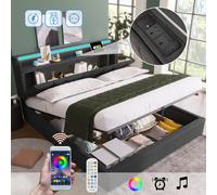 Matteo Upholstered Double Bed w/ USB charging function, storage headboard & LED lighting, 4ft6 Double Bed storage bed frame(135x190cm), Wooden Matteo Grey Double