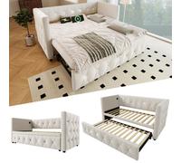 Matteo Upholstered Single Daybed With Usb & Type C Charging Stations And Pull-Out Trundle, 90X190Cm, Beige Velvet