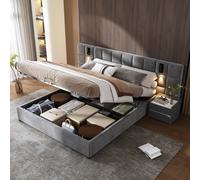 Matteo Velvet Double Bed with Hydraulic Storage, Lamp & USB - Grey Matteo Grey Double
