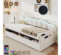 Matteo Velvet Upholstered Daybed - RGB LED, Storage, Charging - Single Bed in Beige Matteo Beige Single