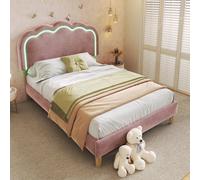 Matteo Velvet Upholstered Single Bed Frame with LED & Adjustable Headboard in Pink Matteo Pink Single