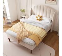 Matteo Velvet Upholstered Single Bed - Slatted Frame & Headboard, Beige Matteo Beige Single