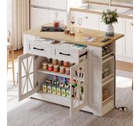 Matteo Versatile Kitchen Island With Foldable Top, Power Sockets & Wheels, White/natural Mdf