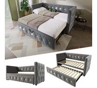 Matteo "versatile Single Daybed With Usb & Type C Charging Stations, Pull-Out Trundle, Velvet Upholstery, Grey, 90X190Cm"