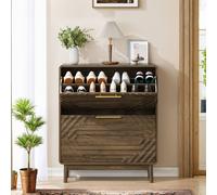 Matteo Walnut 80cm Shoe Cabinet - Geometric Carved Panel - Storage Cabinet in Brown Matteo Brown