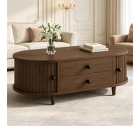 Matteo Walnut Oval Coffee Table With Sliding Doors & Storage - 100Cm