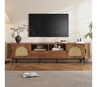Matteo Walnut Wood Look Tv Cabinet With Rattan Sliding Doors, Drawers & Metal Legs - Multifunctional Living Room Storage