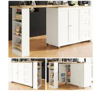 Matteo White 360 Swivel Multifunctional Storage Island, Extendable Dining & Bar Table With Drawers & Castors