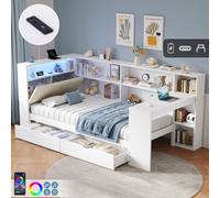 Matteo White 3Ft Single L-Shape Daybed With Storage Drawers, Bookcase & Led Charging Headboard