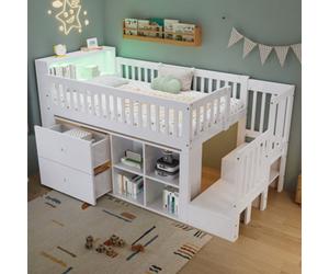 Matteo White 3Ft Single Wooden Storage Bed Frame With Led Headboard, Drawers & Ladder - Pine & Mdf