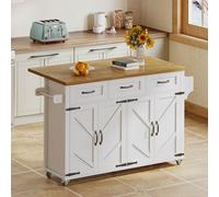 Matteo White Barn Style Kitchen Island On Wheels With Foldable Top, Storage & Towel Rail - 140X43Cm