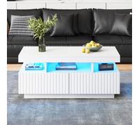 Matteo White Coffee Table With App-Controlled Led Lights & 2 Ribbed Drawers, 100X50X45Cm