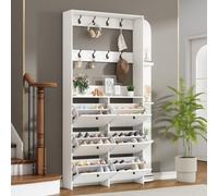 Matteo White Entryway Shoe Cabinet With 6 Flip Drawers, 8 Hooks & Storage Shelves, 200Cm Tall