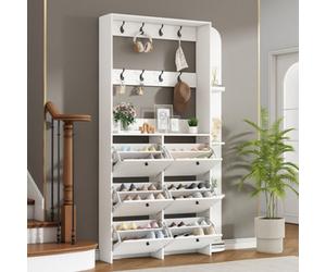Matteo White Entryway Shoe Cabinet With 6 Flip Drawers, 8 Hooks & Storage Shelves, 200Cm Tall