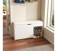 Matteo White Entryway Shoe Storage Bench With Adjustable 3-Tier Flip-Up Drawers & Hidden Cabinet, Modern Mdf
