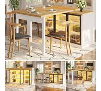 Matteo White Extendable Dining Table & Sideboard Combo With Rgb Led Lights, Push-Open Glass Cabinet For Small Kitchens