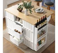 Matteo White Extendable Kitchen Island With Wood Grain Worktop, Sliding Doors, Drawers & Castors - Versatile Storage Trolley