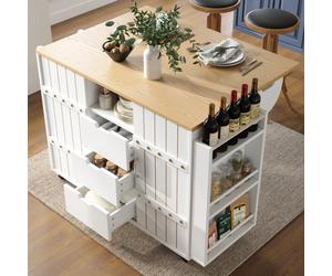 Matteo White Extendable Kitchen Island With Wood Grain Worktop, Sliding Doors, Drawers & Castors - Versatile Storage Trolley