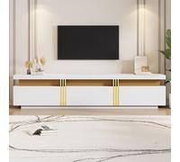 Matteo White Faux Marble TV Stand - Golden Panel - 3 Drawers Media Unit Matteo White