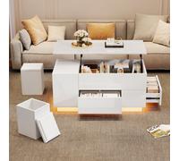 Matteo White High-Gloss Lift-Top Coffee Table Set With App-Controlled Led & 2 Storage Ottomans