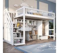 Matteo White Kids Single Loft Bed With Desk, Storage Stairs & Integrated Wardrobe - 90X190Cm Children's Multifunctional Bed Frame