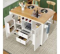 Matteo White Kitchen Island Trolley With Folding Worktop, Wine Rack & Storage