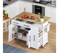 Matteo White Kitchen Island with Drop Leaf & Storage - Rolling Kitchen Cart Matteo White
