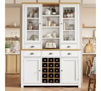 Matteo White Kitchen Pantry Cabinet With Wine Rack, Tall Storage, Glass Doors, 5 Drawers & Adjustable Shelves - 185Cm