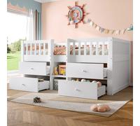 Matteo White Low Loft Single Bed Frame With Storage Drawers & Guardrail - Solid Wood For Kids' Bedrooms