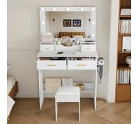 Matteo White Makeup Vanity Desk & Stool Set With 9 Led Hollywood Bulbs, Large Mirror, 4 Drawers, Power Socket