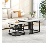 Matteo White Marble Effect Nesting Coffee Tables (Set Of 2) With Black Metal Frame - Space-Saving Side & End Tables