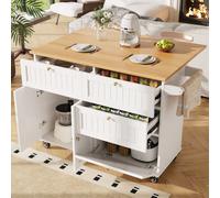 Matteo White Mobile Kitchen Island With Drop Leaf, Storage Cabinet & Drawers - Breakfast Bar & Towel Rail