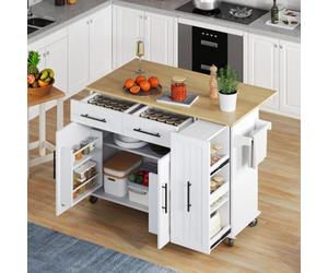 Matteo White Mobile Kitchen Island With Drop Leaf, Storage & Drawers