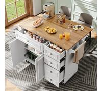 Matteo White Multifunctional Kitchen Island With Folding Tabletop & Storage, N639 Serving Trolley