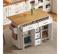 Matteo White & Natural Dropleaf Kitchen Island Trolley With Foldable Countertop, 5 Drawers, Spice Rack & Towel Holder