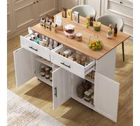 Matteo White & Natural Kitchen Island - Foldable Top, Storage & Wheels Matteo White